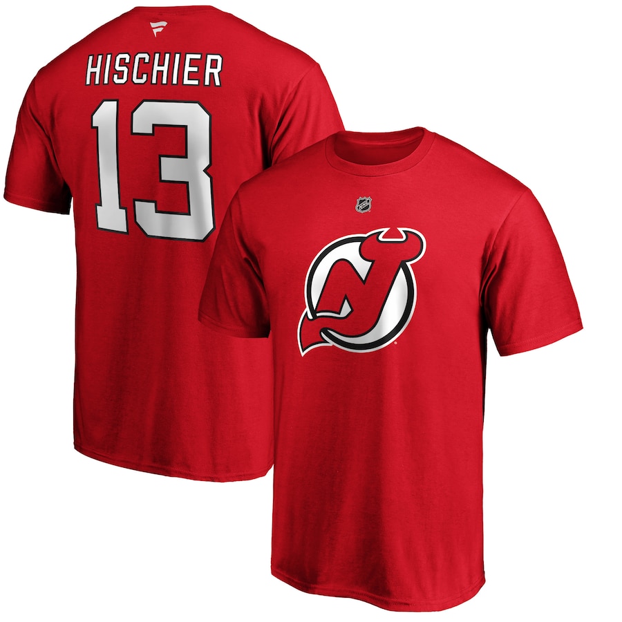 Men's New Jersey Devils Nico Hischier Fanatics Red Team Authentic Stack Name & Number T-Shirt - Puhuasuan