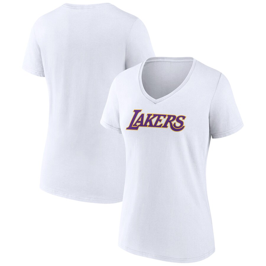 Women's Los Angeles Lakers White Wordmark V-Neck T-Shirt - Puhuasuan