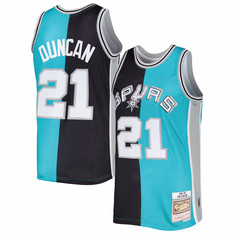 Men's San Antonio Spurs Tim Duncan Mitchell & Ness Black/Teal Hardwood Classics 1998/99 Split Swingman Jersey - Puhuasuan