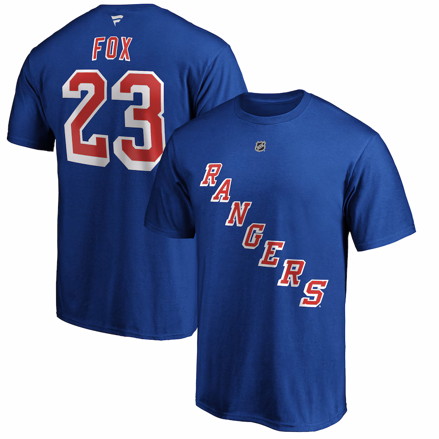 Men's New York Rangers Adam Fox Fanatics Blue Authentic Stack Name & Number T-Shirt - Puhuasuan