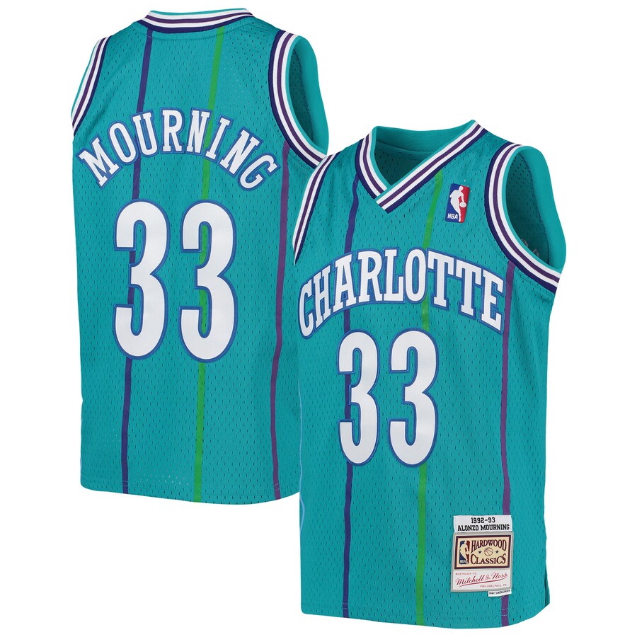 Youth Charlotte Hornets Alonzo Mourning Mitchell & Ness Teal 1992/93 Hardwood Classics Swingman Jersey - Puhuasuan