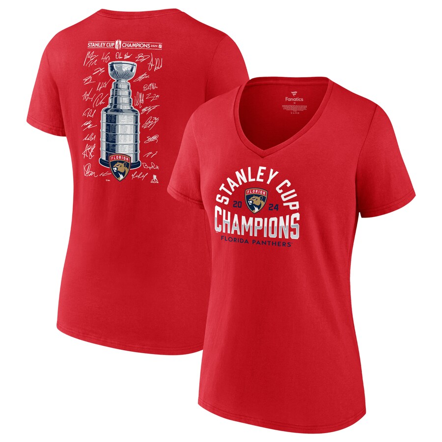 Women's Florida Panthers Fanatics Red 2024 Stanley Cup Champions Signature Roster V-Neck T-Shirt - Puhuasuan