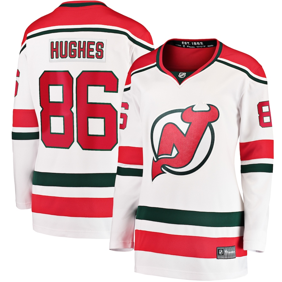 Women's New Jersey Devils Jack Hughes Fanatics White 2022/23 Heritage Premier Breakaway Jersey - Puhuasuan