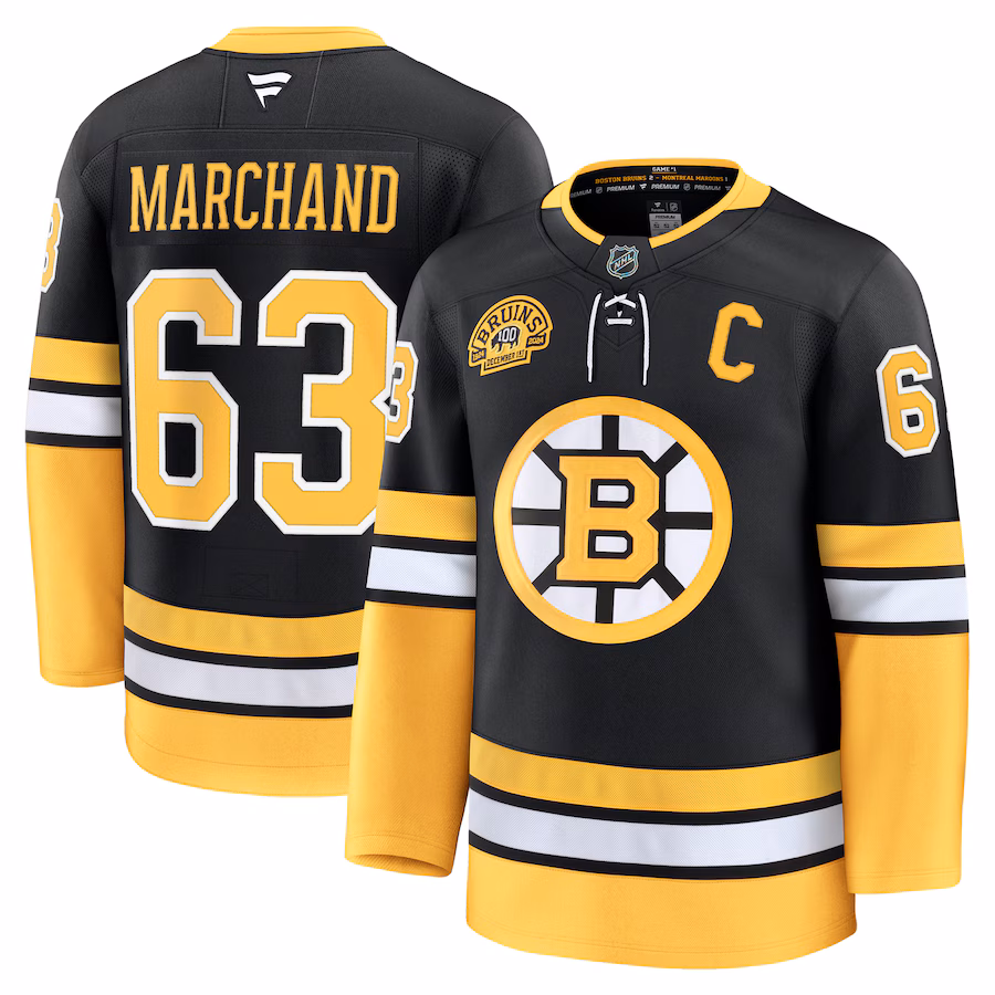 Men's Boston Bruins Brad Marchand Fanatics Black Alternate 100th Anniversary Premium Jersey - Puhuasuan