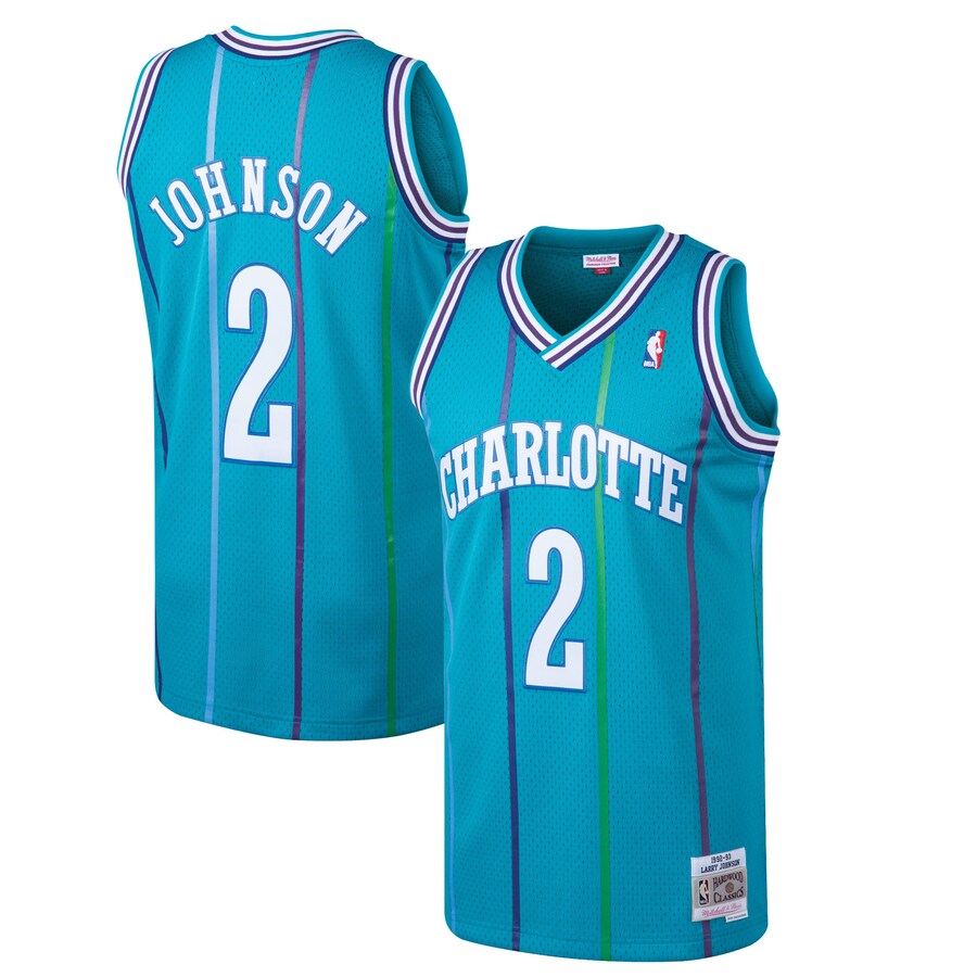 Men's Charlotte Hornets Larry Johnson Mitchell & Ness Teal 1992/93 Hardwood Classics Swingman Jersey - Puhuasuan