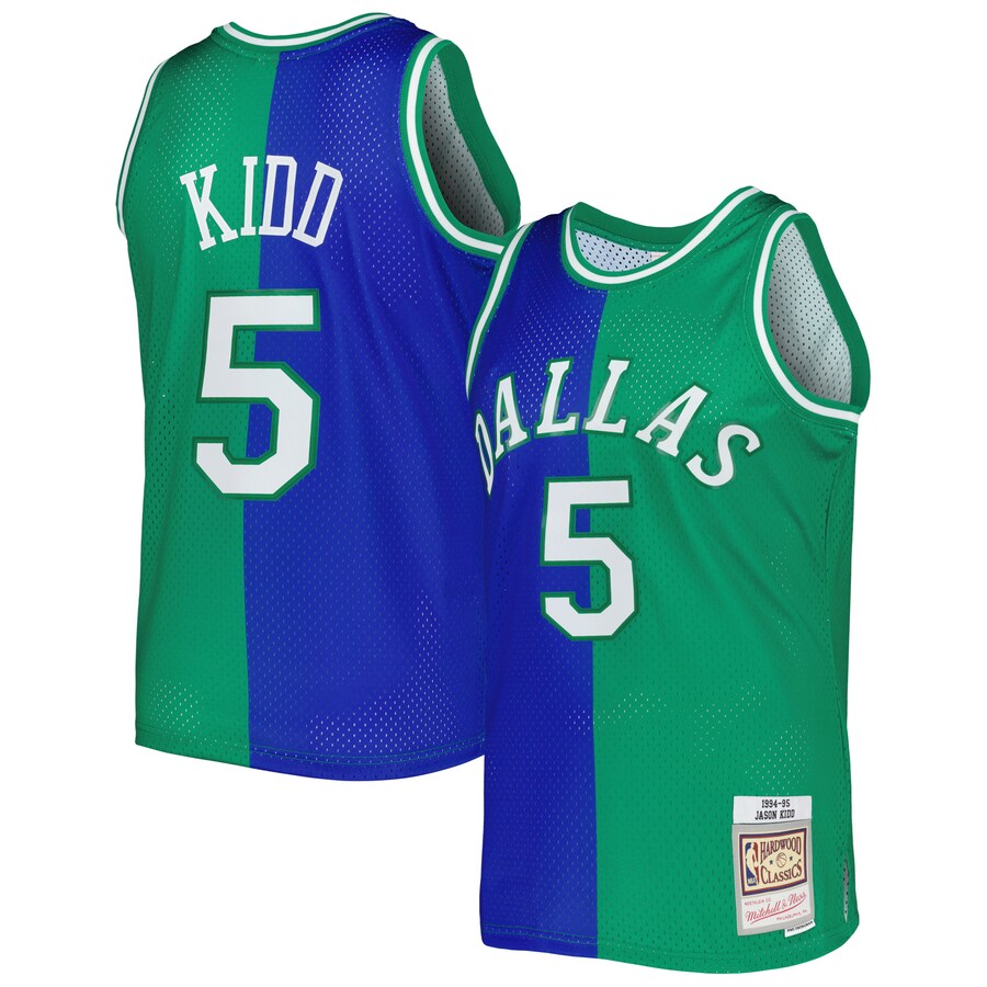 Men's Dallas Mavericks Jason Kidd Mitchell & Ness Blue/Green Hardwood Classics 1994/95 Split Swingman Jersey - Puhuasuan