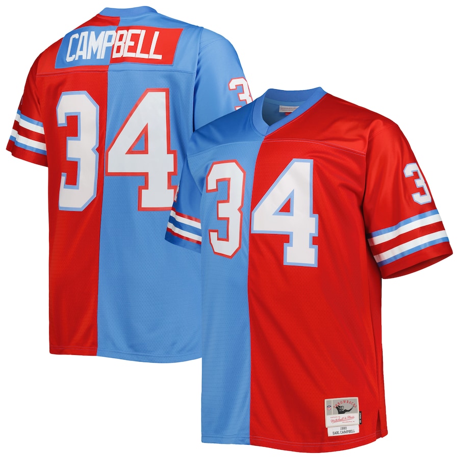 Men's Houston Oilers Earl Campbell Mitchell & Ness Light Blue/Red Big & Tall Gridiron Classics Split Legacy Retired Player Replica Jersey - Puhuasuan