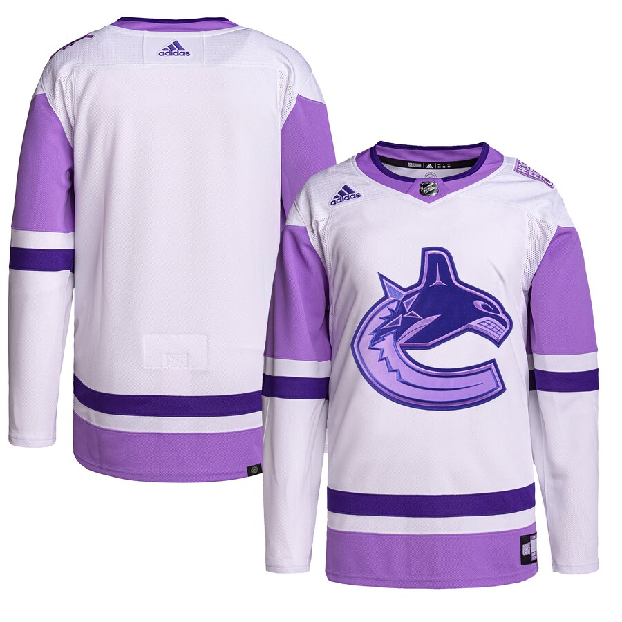 Men's Vancouver Canucks adidas White/Purple Hockey Fights Cancer Primegreen Authentic Blank Practice Jersey - Puhuasuan