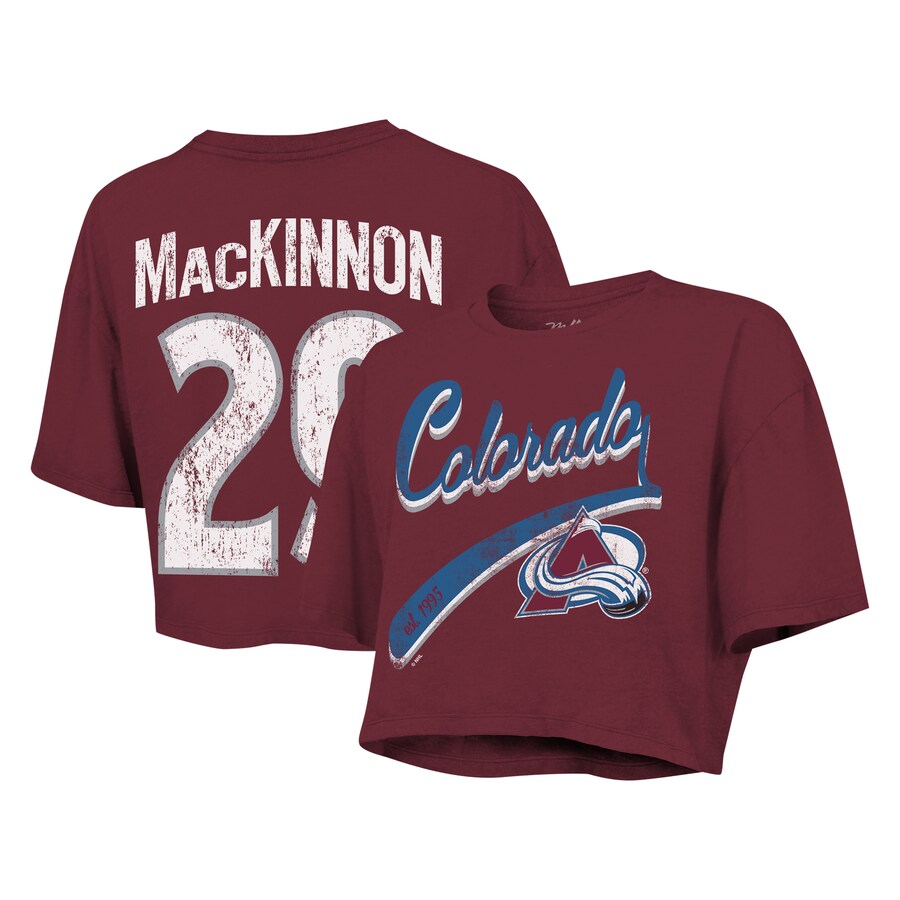 Women's Colorado Avalanche Nathan MacKinnon Majestic Threads Maroon Behind The Net Boxy Name & Number Cropped T-Shirt - Puhuasuan
