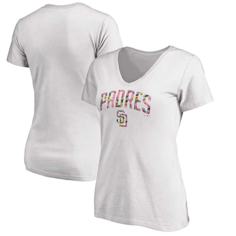 Women's San Diego Padres White Floral Arched Logo V-Neck T-Shirt - Puhuasuan