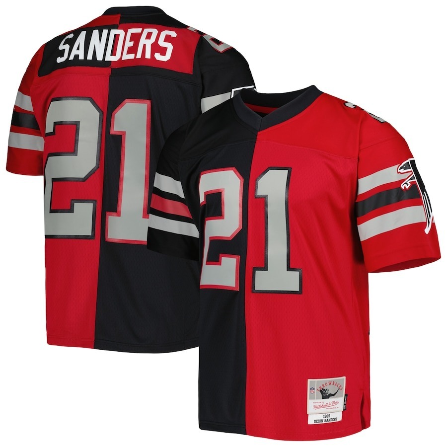 Men's Atlanta Falcons Deion Sanders Mitchell & Ness Black/Red 1989 Split Legacy Replica Jersey - Puhuasuan