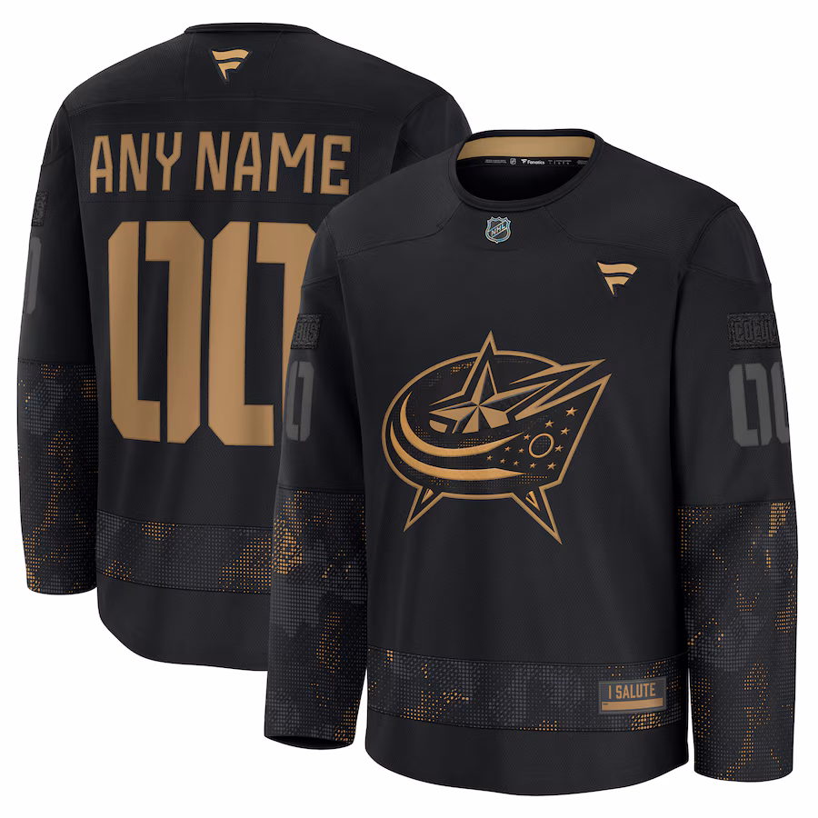 Men's Columbus Blue Jackets Fanatics Black 2024 Military Appreciation Custom Practice Jersey - Puhuasuan