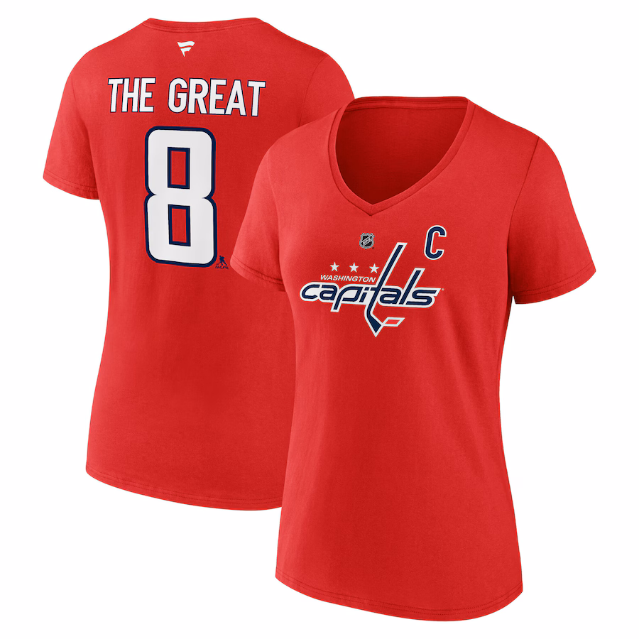 Women's Washington Capitals Alexander Ovechkin Fanatics Athletic Red NHL All-Time Leading Goal Scorer The Great 8 Name & Number V-Neck T-Shirt - Puhuasuan