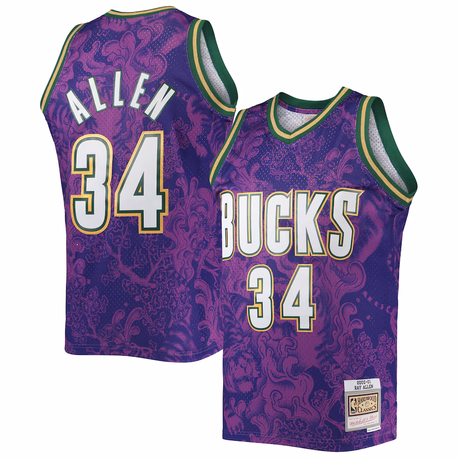 Men's Milwaukee Bucks Ray Allen Mitchell & Ness Purple Hardwood Classics 2000/01 Lunar New Year Swingman Jersey - Puhuasuan