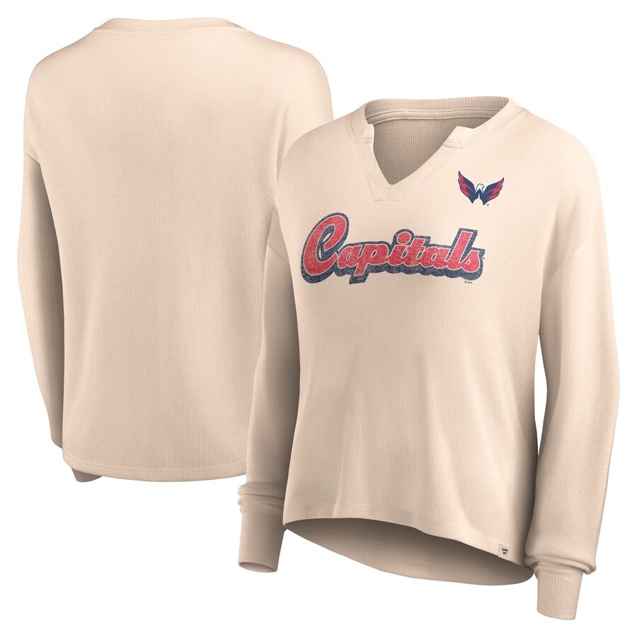 Women's Washington Capitals Fanatics Oatmeal Go For It Notch Neck Waffle Knit Long Sleeve T-Shirt - Puhuasuan