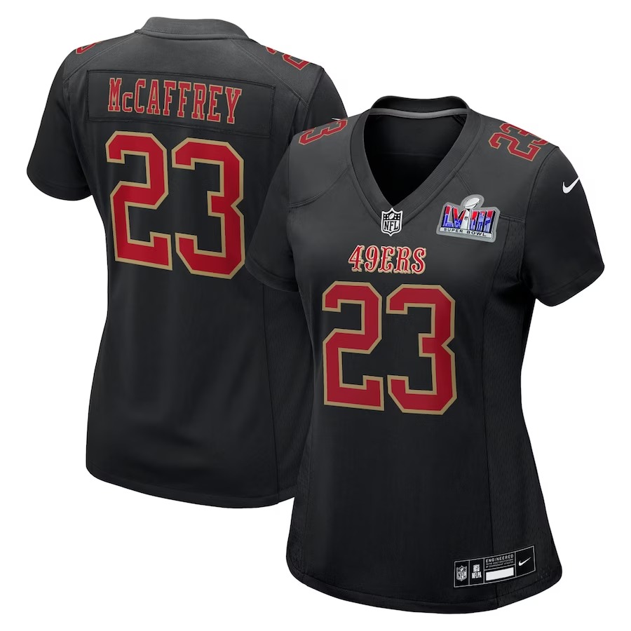 Women's San Francisco 49ers Christian McCaffrey Nike Black Super Bowl LVIII Carbon Fashion Game Player Jersey - Puhuasuan