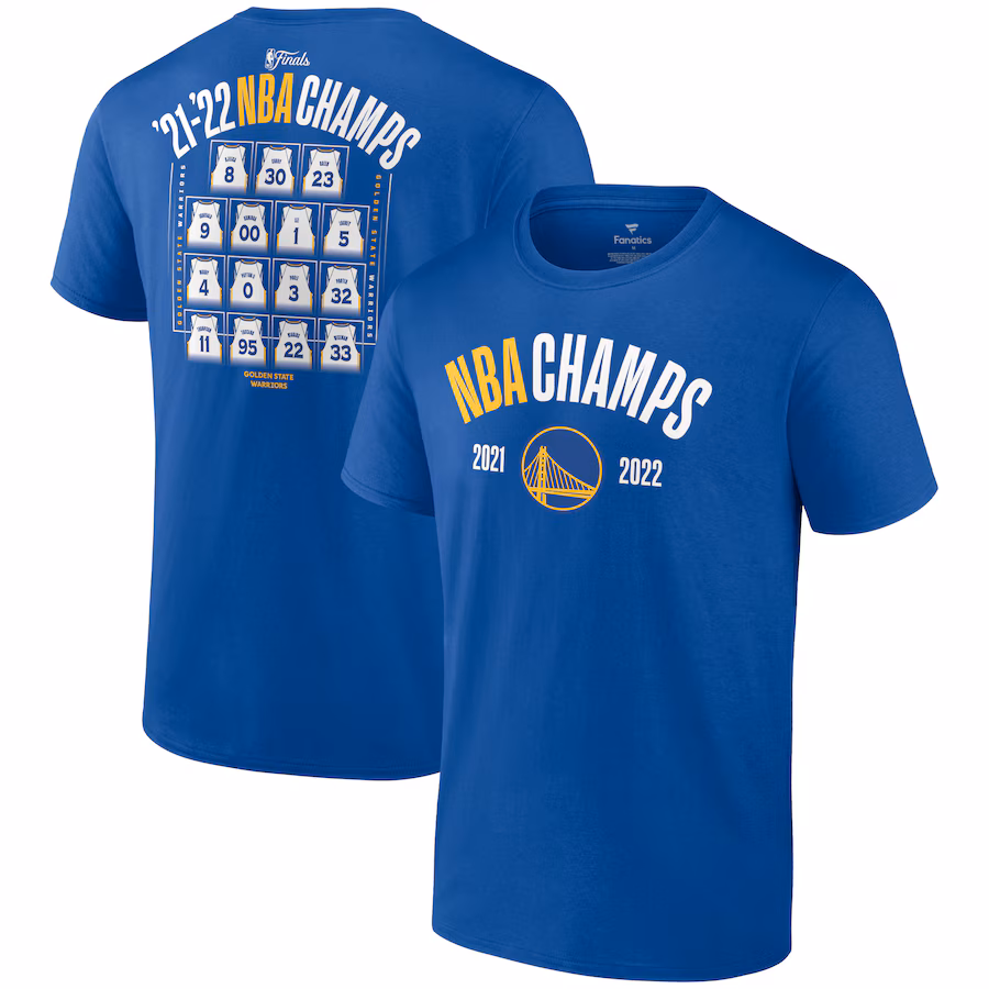 Men's Golden State Warriors Fanatics Royal 2022 NBA Finals Champions Final Buzzer Jersey Roster T-Shirt - Puhuasuan