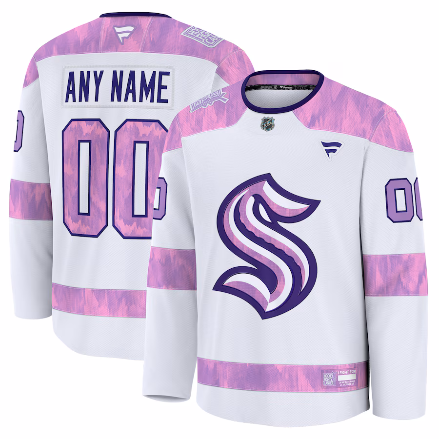Men's Seattle Kraken Fanatics White 2024 Hockey Fights Cancer Custom Practice Jersey - Puhuasuan
