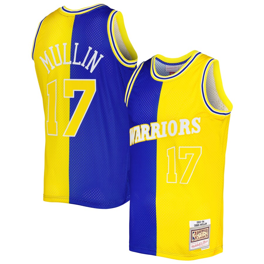 Men's Golden State Warriors Chris Mullin Mitchell & Ness Royal/Gold Hardwood Classics 1993/94 Split Swingman Jersey - Puhuasuan