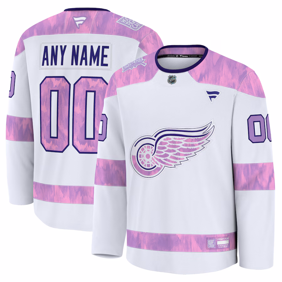 Men's Detroit Red Wings Fanatics White 2024 Hockey Fights Cancer Custom Practice Jersey - Puhuasuan