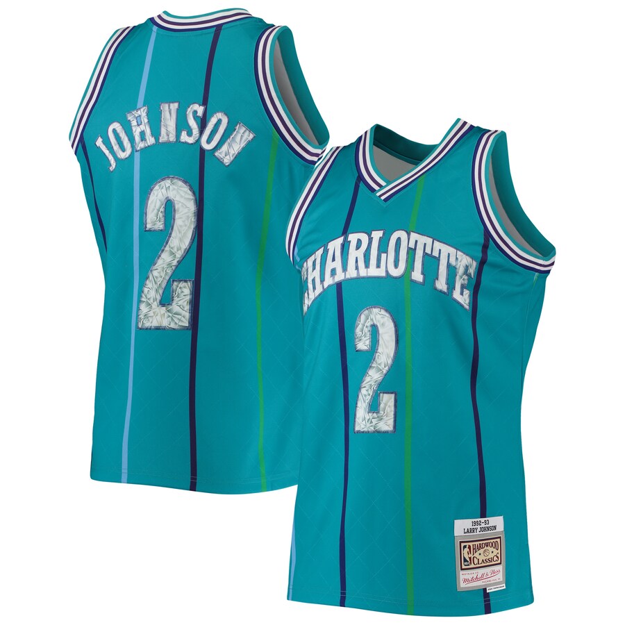 Men's Charlotte Hornets Larry Johnson Mitchell & Ness Teal 1996/97 Hardwood Classics NBA 75th Anniversary Diamond Swingman Jersey - Puhuasuan