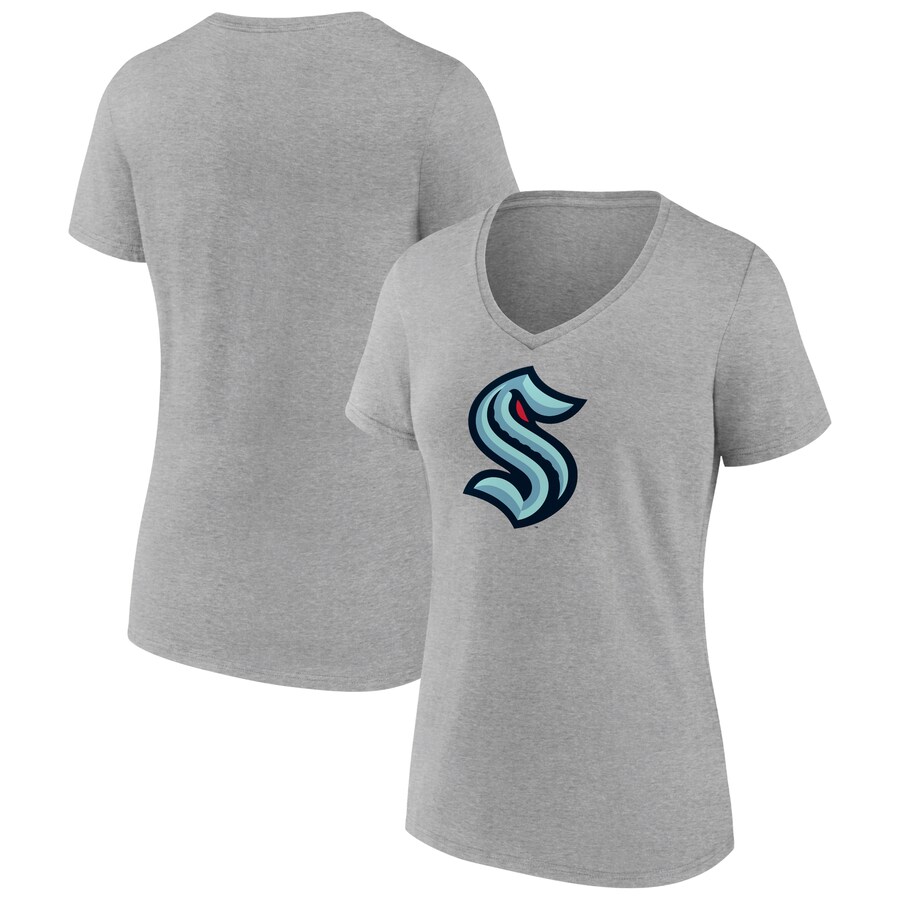 Women's Seattle Kraken Fanatics Heathered Gray Primary Logo Team V-Neck T-Shirt - Puhuasuan