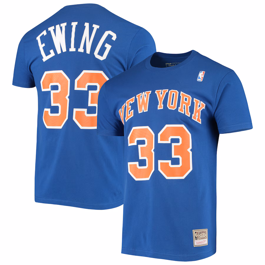Men's New York Knicks Patrick Ewing Mitchell & Ness Blue Hardwood Classics Stitch Name & Number T-Shirt - Puhuasuan