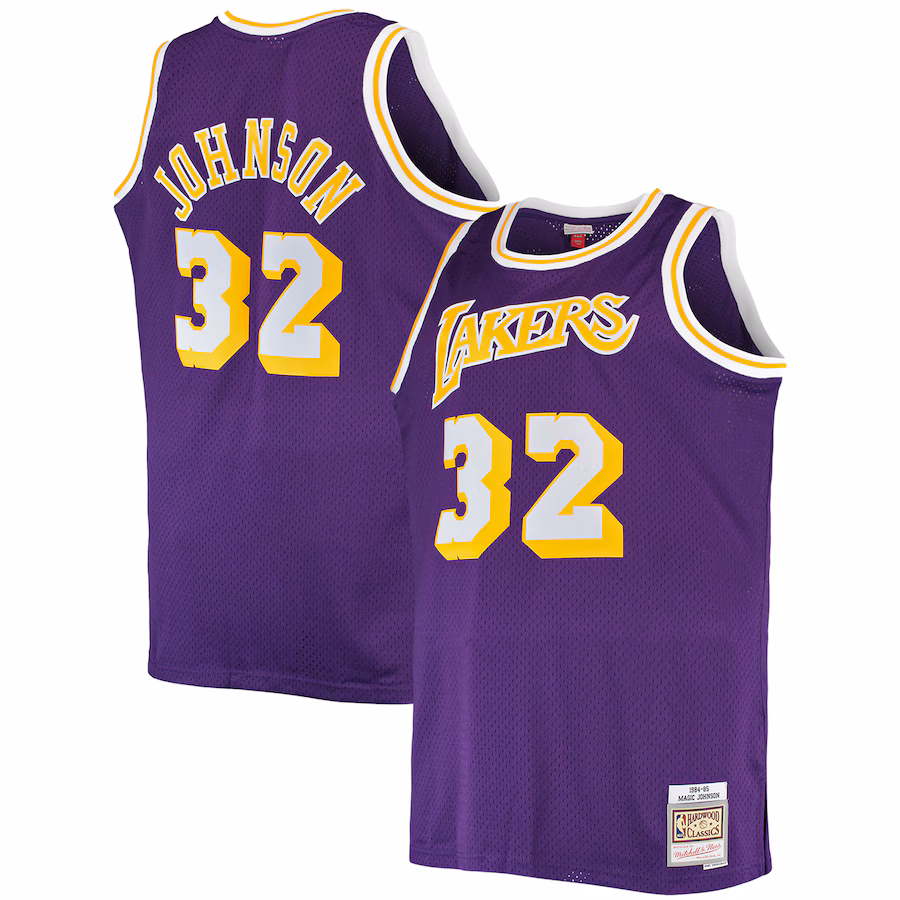 Men's Los Angeles Lakers Magic Johnson Mitchell & Ness Purple Big & Tall 1984/85 Hardwood Classics Swingman Jersey - Puhuasuan