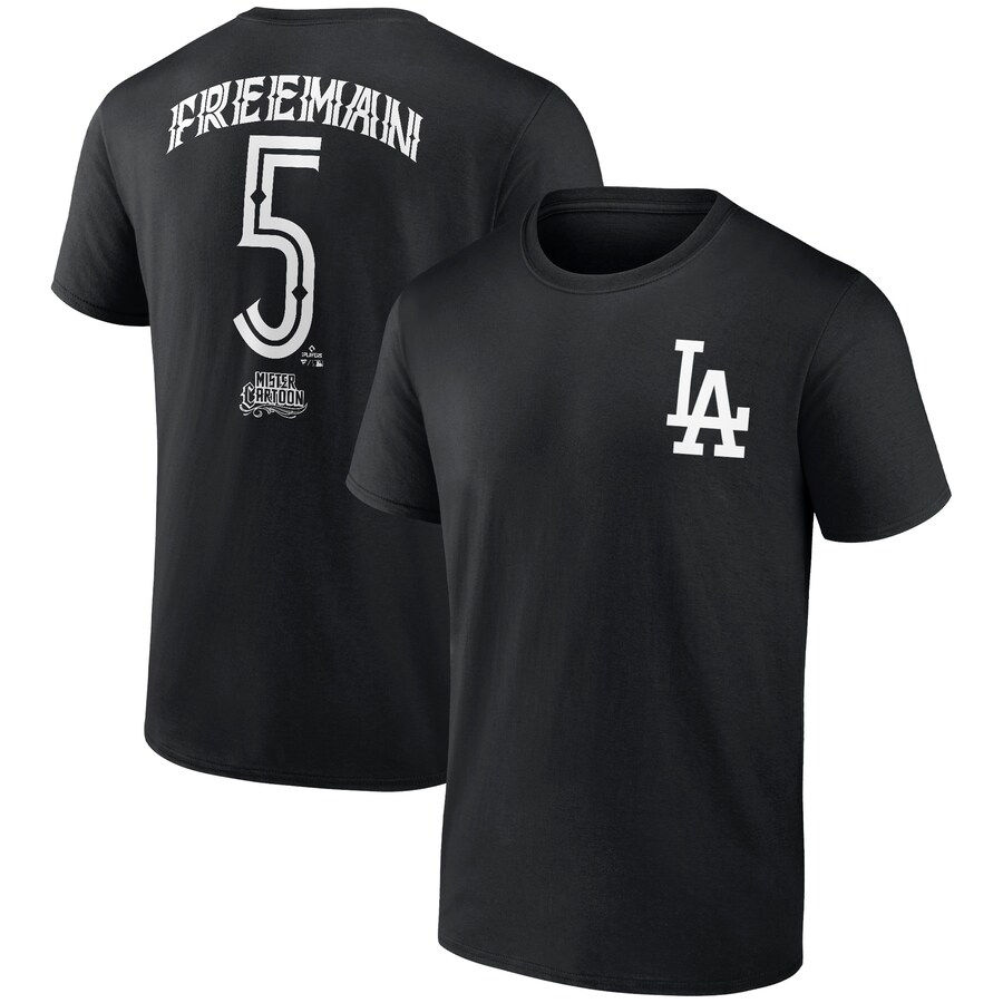 Men's Los Angeles Dodgers Freddie Freeman Black Mister Cartoon Name & Number T-Shirt - Puhuasuan