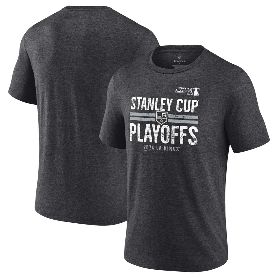 Men's Los Angeles Kings Fanatics Heather Charcoal 2024 Stanley Cup Playoffs Crossbar Tri-Blend T-Shirt - Puhuasuan