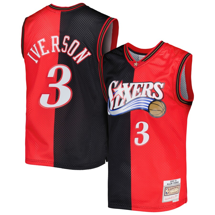 Men's Philadelphia 76ers Allen Iverson Mitchell & Ness Black/Red Hardwood Classics 2000/01 Split Swingman Jersey - Puhuasuan