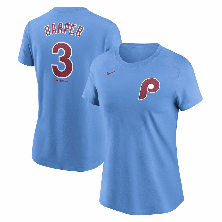 Women's Philadelphia Phillies Bryce Harper Nike Light Blue Fuse Name & Number T-Shirt - Puhuasuan