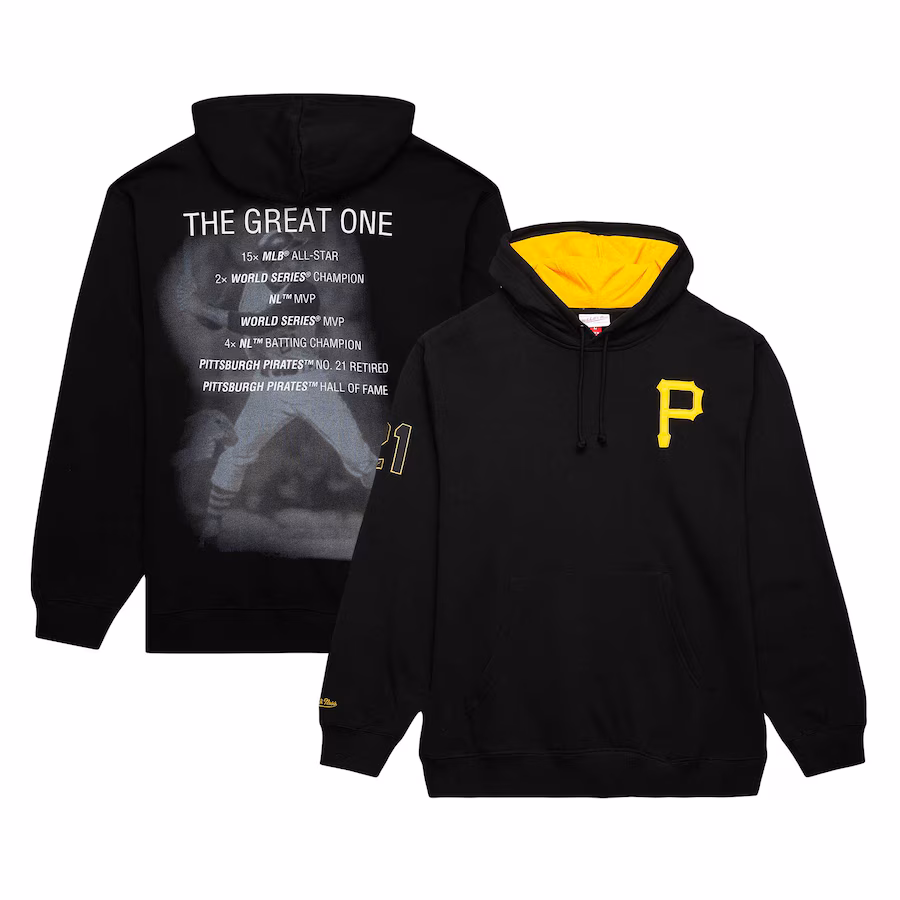 Men's Pittsburgh Pirates Roberto Clemente Mitchell & Ness Black Vintage Logo Name & Number Pullover Hoodie - Puhuasuan