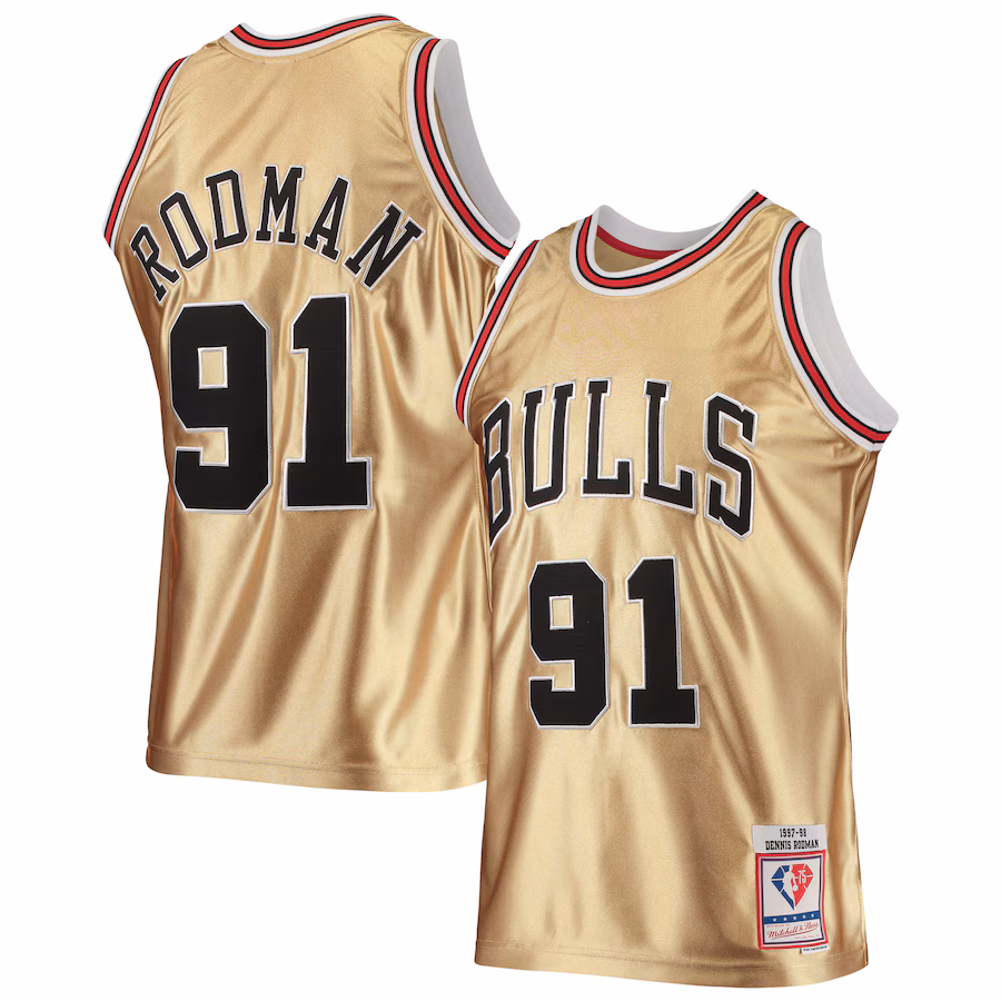 Men's Chicago Bulls Dennis Rodman Gold Mitchell & Ness 75th Anniversary 1997/98 Hardwood Classics Swingman Jersey - Puhuasuan