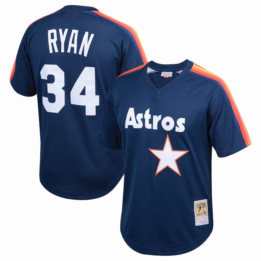 Youth Houston Astros Nolan Ryan Mitchell & Ness Navy Cooperstown Collection Mesh Batting Practice Jersey - Puhuasuan