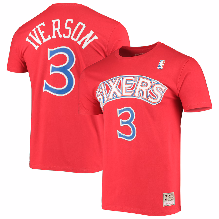 Men's Philadelphia 76ers Allen Iverson Mitchell & Ness Red Hardwood Classics Stitch Name & Number T-Shirt - Puhuasuan