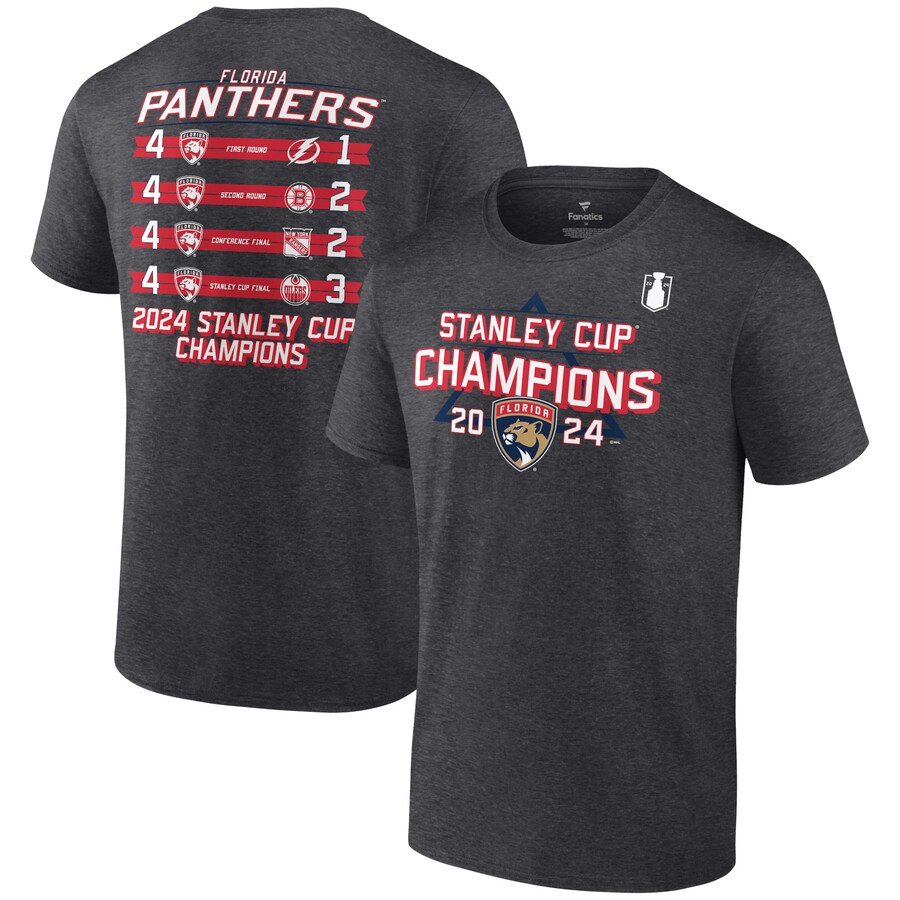 Men's Florida Panthers Fanatics Heather Charcoal 2024 Stanley Cup Champions Schedule T-Shirt - Puhuasuan