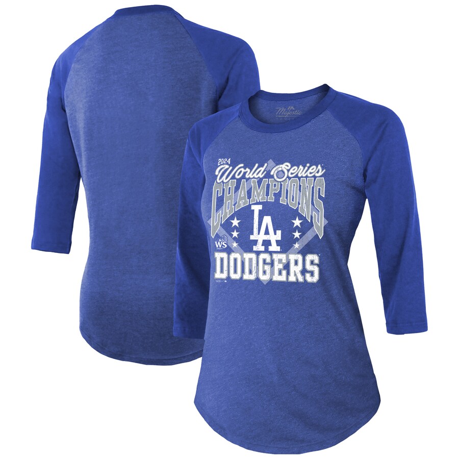 Women's Los Angeles Dodgers Majestic Threads Royal 2024 World Series Champions Tri-Blend 3/4-Sleeve Raglan T-Shirt - Puhuasuan
