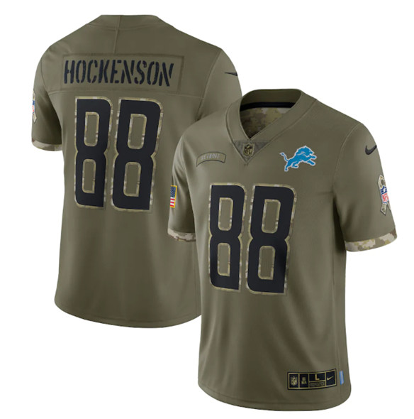 Men's Detroit Lions #88 T. J. Hockenson 2022 Olive Salute To Service Limited Stitched Jersey - Puhuasuan