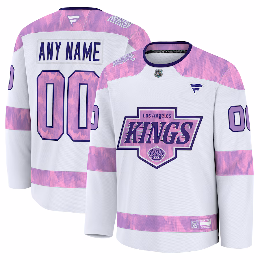 Men's Los Angeles Kings Fanatics White 2024 Hockey Fights Cancer Custom Practice Jersey - Puhuasuan