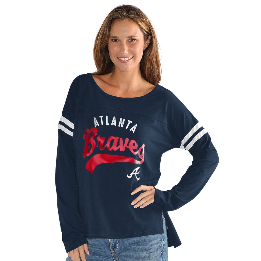 Women's Atlanta Braves G-III 4Her by Carl Banks Navy Free Agent Distressed Long Sleeve Scoop Neck T-Shirt - Puhuasuan
