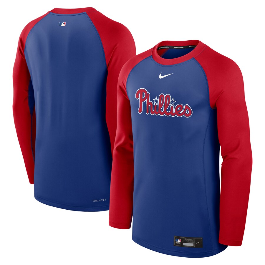 Men's Philadelphia Phillies Nike Royal/Red Authentic Collection Game Time Raglan Performance Long Sleeve T-Shirt - Puhuasuan