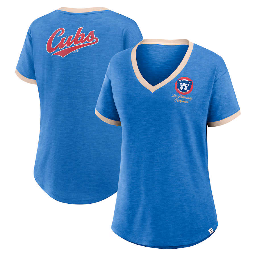 Women's Chicago Cubs Fanatics Royal Binge Worthy Stadium Slub V-Neck T-Shirt - Puhuasuan