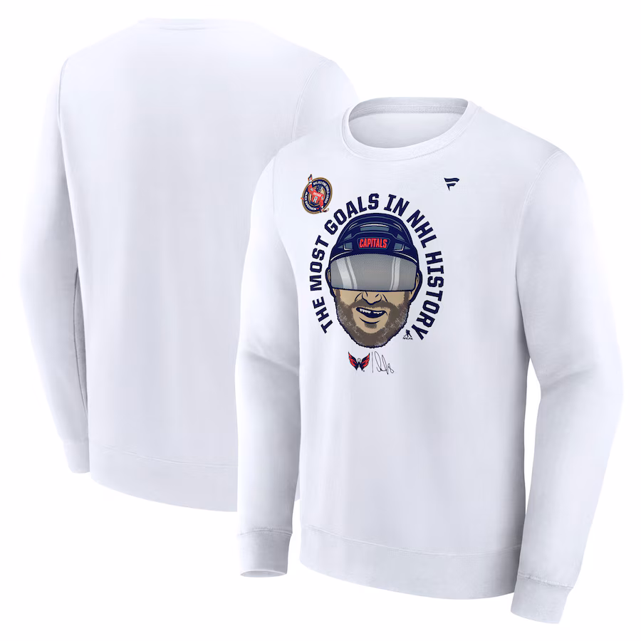 Men's Washington Capitals Alexander Ovechkin Fanatics White NHL All-Time Leading Goal Scorer GR8 Caricature Fleece Pullover Sweatshirt - Puhuasuan