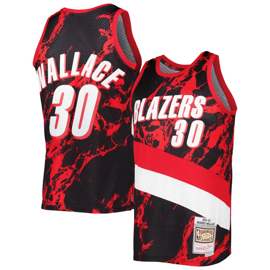 Men's Portland Trail Blazers Rasheed Wallace Mitchell & Ness Black 1999/00 Hardwood Classics Marble Swingman Jersey - Puhuasuan