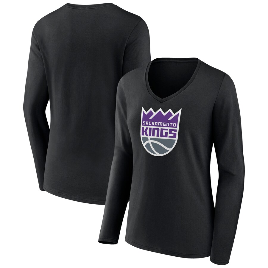 Women's Sacramento Kings Black Logo Long Sleeve V-Neck T-Shirt - Puhuasuan