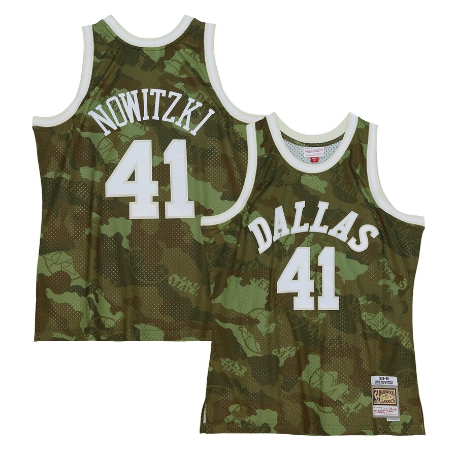 Men's Dallas Mavericks Dirk Nowitzki Mitchell & Ness Camo Hardwood Classics 1998/99 Ghost Green Swingman Jersey - Puhuasuan