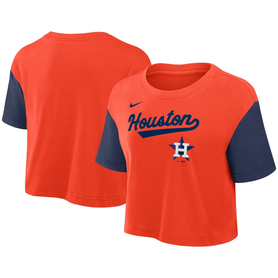 Women's Houston Astros Nike Orange/Navy Script Cropped Performance T-Shirt - Puhuasuan