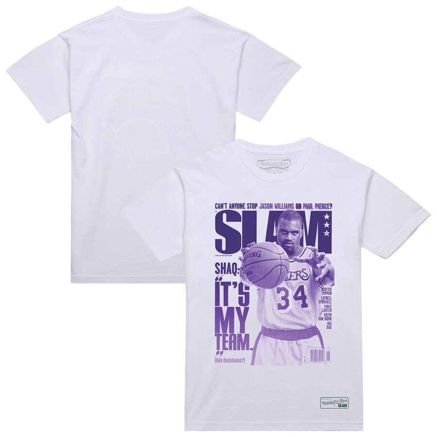 Men's Los Angeles Lakers Shaquille O'Neal Mitchell & Ness White SLAM Gradient T-Shirt - Puhuasuan