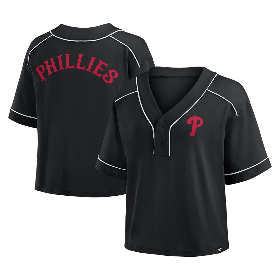 Women's Philadelphia Phillies Fanatics Black Oversized Champ Game Cropped V-Neck T-Shirt - Puhuasuan